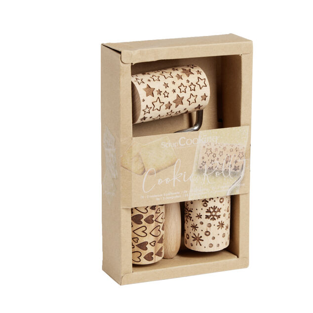 Lot de 3 mini rouleaux &agrave; p&acirc;tisserie en bois &agrave; motifs &eacute;toile/flocon/coeur