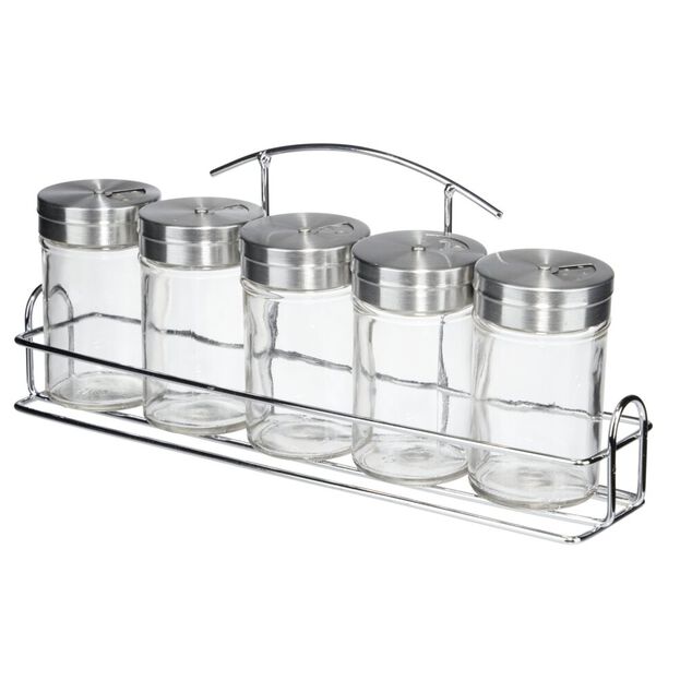 Pot &agrave; &eacute;pices verre couvercle inox x5 avec support m&eacute;tallique 26x5,5xH11,5cm