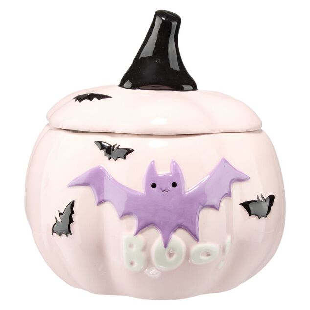 Bonbonni&egrave;re Halloween 1L citrouille dolomite rose violet &Oslash;13,5xH16cm (2 mod&egrave;les orange ou rose)