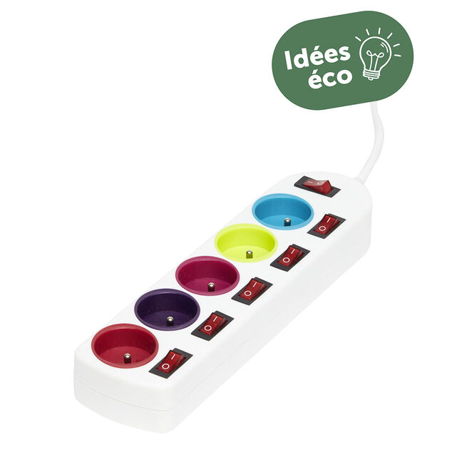 Multiprise blanche 5 prises color&eacute;es