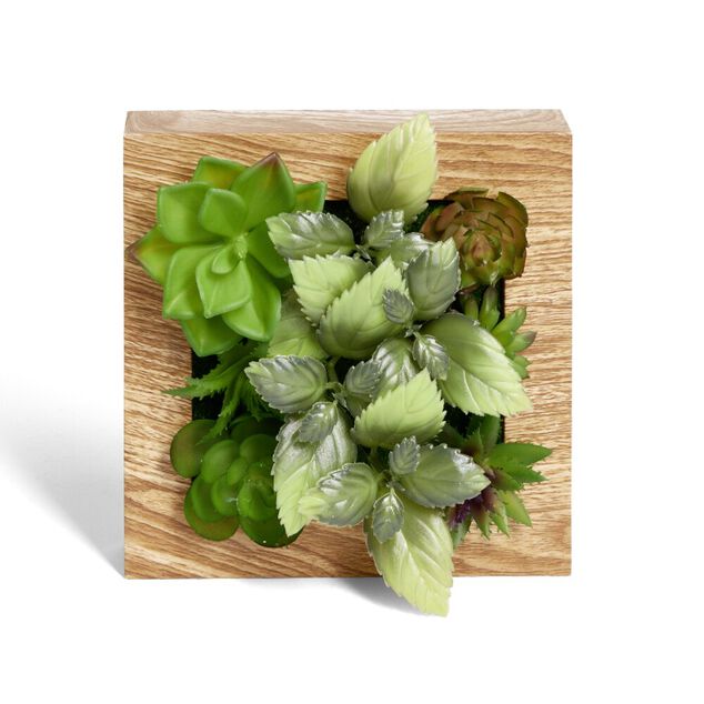 Plante artificielle d&eacute;coration murale cadre bois naturel 20x20cm