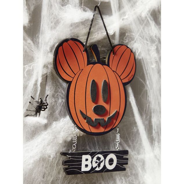 Suspension bois Disney inscription BOO t&ecirc;te Mickey citrouille orange