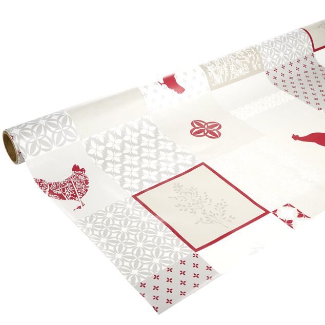 Toile cir&eacute;e au m&egrave;tre PVC motif carreau de ciment et poule beige rouge L140cm