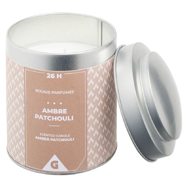 Bougie parfum&eacute;e pot m&eacute;tal gris et moutarde senteur ambre patchouli 26H