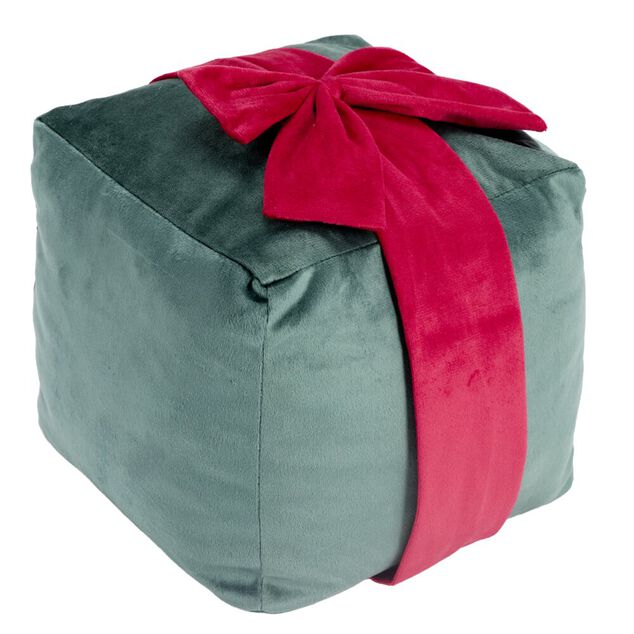 Coussin carr&eacute; forme cadeau de No&euml;l ruban polyester L20X20XH20 cm (2 mod&egrave;les vert ou rose)