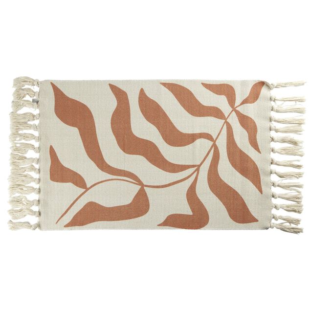 Tapis salle de bain &agrave; franges motif feuillage blanc &eacute;cru et marron 45x70cm
