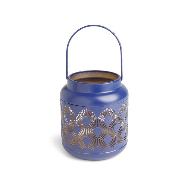 Lanterne carreaux de ciment ajour&eacute;s m&eacute;tal bleu &Oslash;12xH14cm