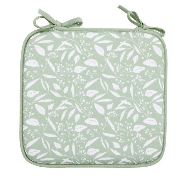 Galette de chaise carr&eacute;e &agrave; nouettes motifs feuillage 36x38cm (2 mod&egrave;les vert ou beige)