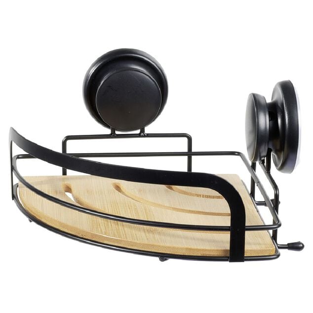 Serviteur de douche d'angle bambou et m&eacute;tal noir