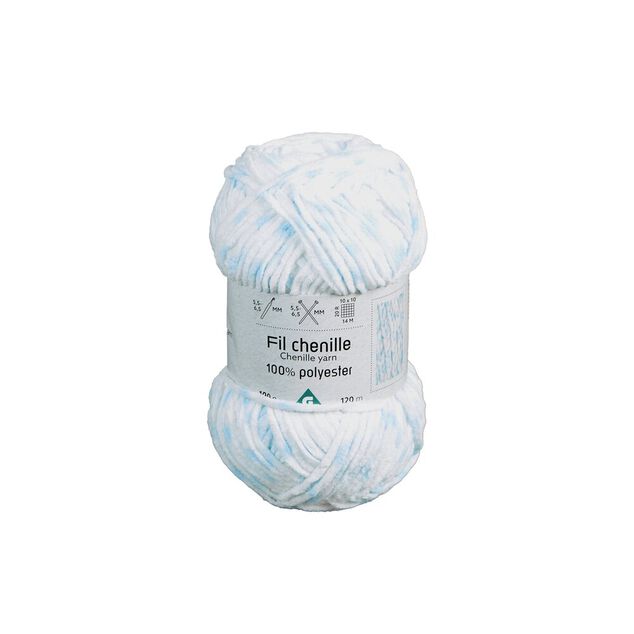 Pelote de fil &agrave; tricoter chenille blanc et bleu 120m