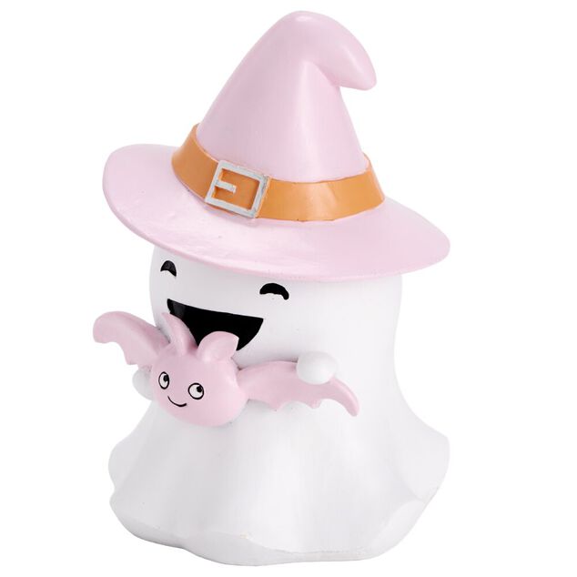 Fant&ocirc;me Halloween d&eacute;coratif sorcier mignon r&eacute;sine blanc et rose pastel &Oslash;17xH25cm