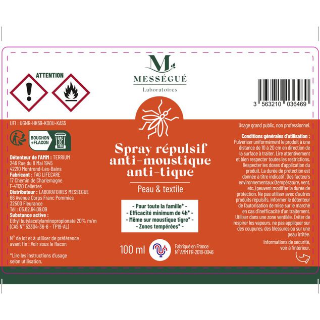 Spray r&eacute;pulsif anti-moustique et anti-tique Mess&eacute;gu&eacute; peau et textile 100ml