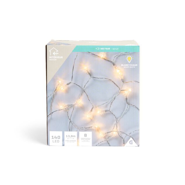 Guirlande lumineuse diamant 140LED blanc chaud 13,9m
