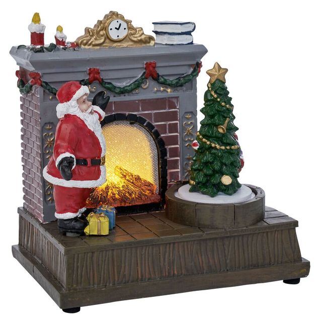 Sc&egrave;ne de No&euml;l lumineuse 1LED P&egrave;re No&euml;l devant chemin&eacute;e 15,5x11xH16,5cm