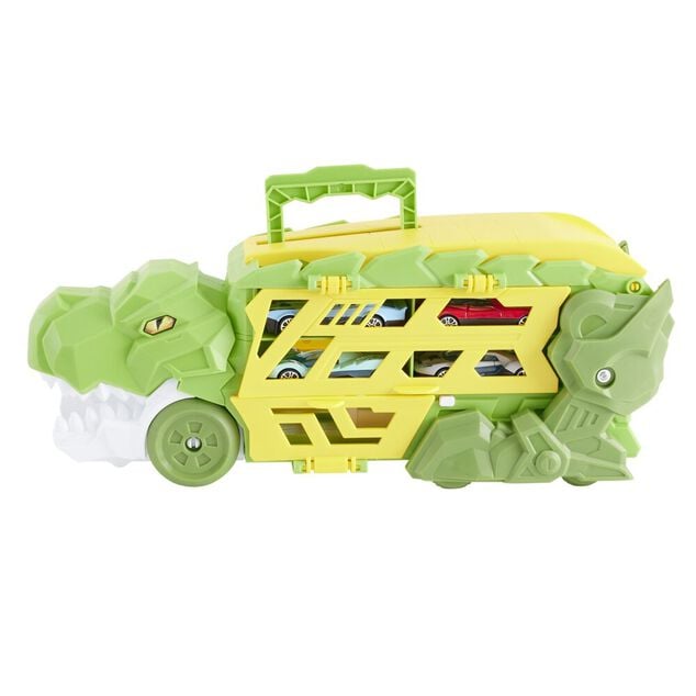 Camion transporteur dinosaure avec 4 v&eacute;hicules vert 44x29xH19cm