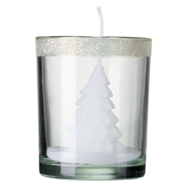 Bougie sapin de No&euml;l dans verre &Oslash;6,2xH7,5cm