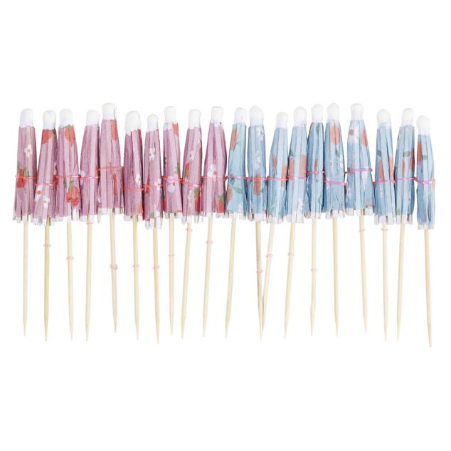Pique cocktail parasol x20 papier motif floral fruit rose et bleu &Oslash;8xH13cm