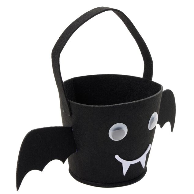 Seau &agrave; bonbons Halloween chauve-souris avec yeux mobiles feutrine noir 16x14xH13 cm