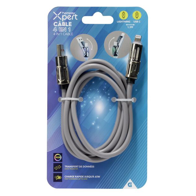 Câble lumineux lightning USB USBC 4en1 RGB 1,2m (4 modèles)
