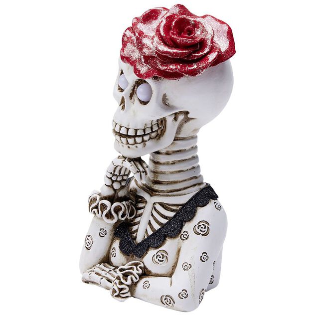 Squelette lady Halloween LED polyr&eacute;sine noir et blanc avec rose rouge