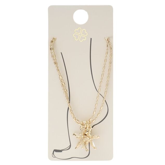 Cha&icirc;ne cheville 2 rangs pampilles &eacute;toiles de mer m&eacute;tal dor&eacute; L11cm