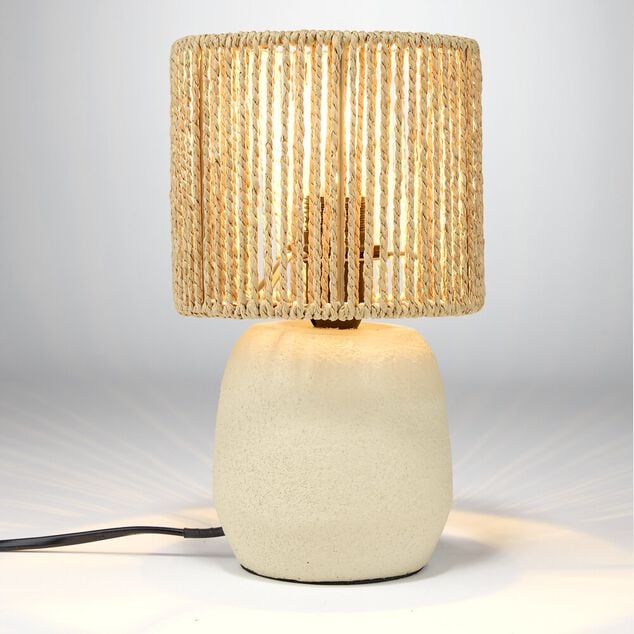 Lampe &agrave; poser ciment abat jour corde tress&eacute;e beige et marron &Oslash;14xH22cm