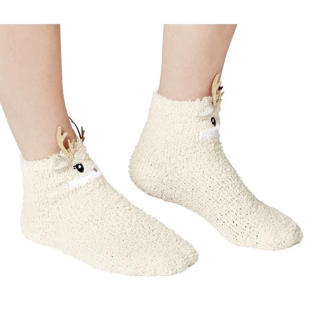 Coffret chaussettes en maille doudou motif Renne beige dor&eacute;