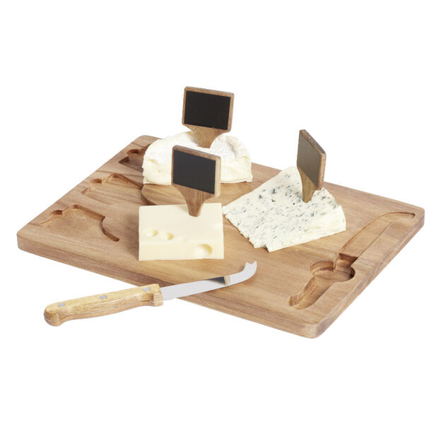 Plateau &agrave; fromage en bois avec couteau et 3 pancartes