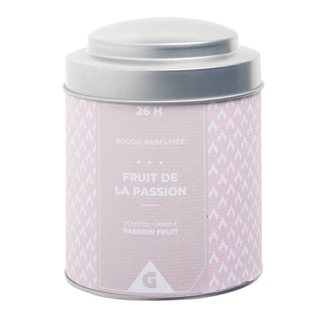 Bougie parfumée pot métal gris et rose senteur fruit de la passion 26H