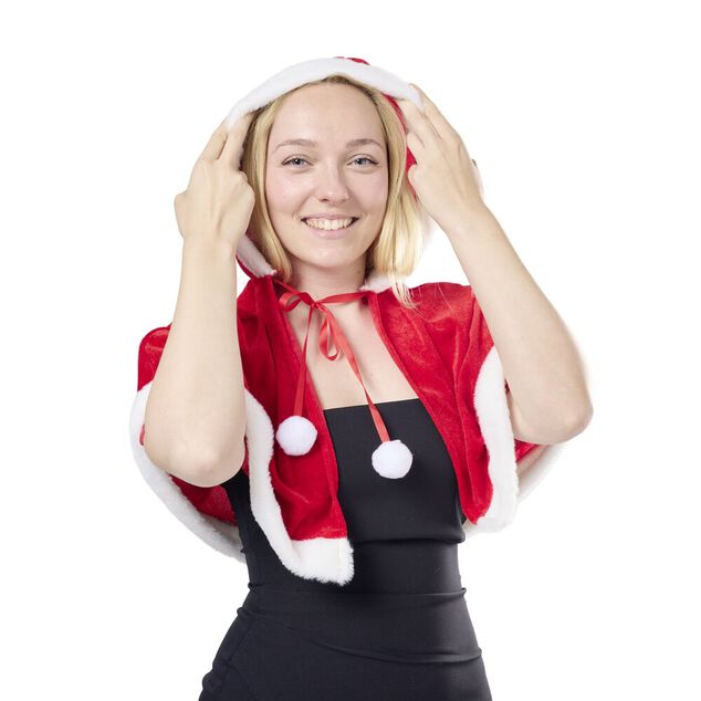 Cape de No&euml;l &agrave; capuche velours finition fourrure rouge et blanc taille unique