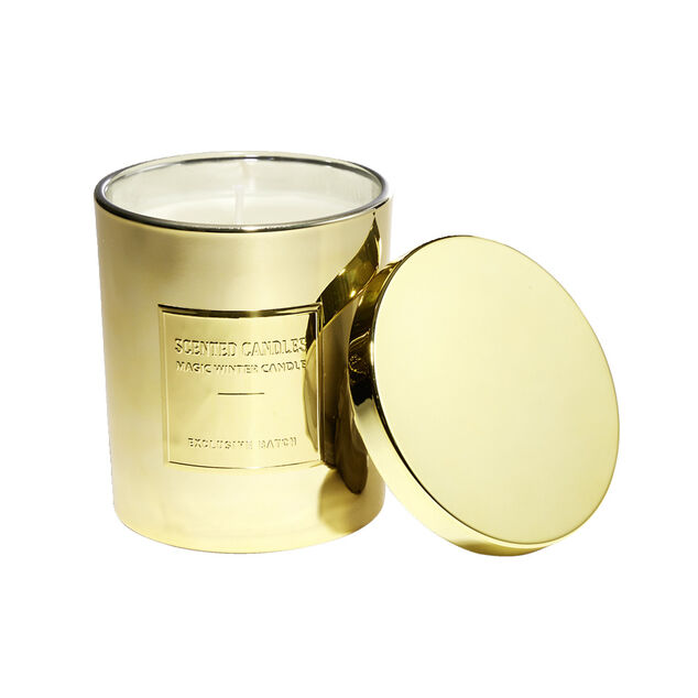 Bougie avec couvercle pot m&eacute;tallis&eacute; dor&eacute; senteur vanille bourbon 25H