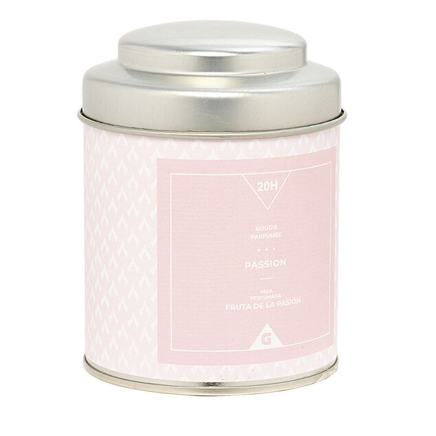 Bougie parfum&eacute;e dans pot en m&eacute;tal senteur passion