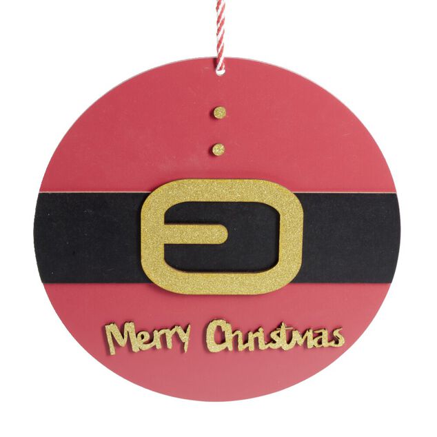 Pancarte Joyeux No&euml;l en bois ceinture rouge et noire &Oslash;30cm