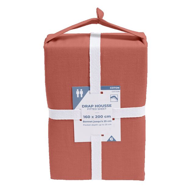 Drap housse 160x200cm 100% coton rouge brique