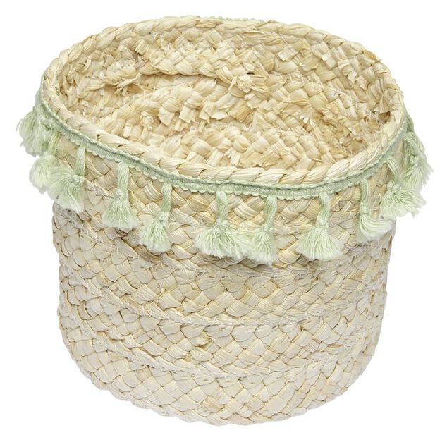 Pani&egrave;re ronde en jonc naturel avec pompons vert &Oslash;19 cm
