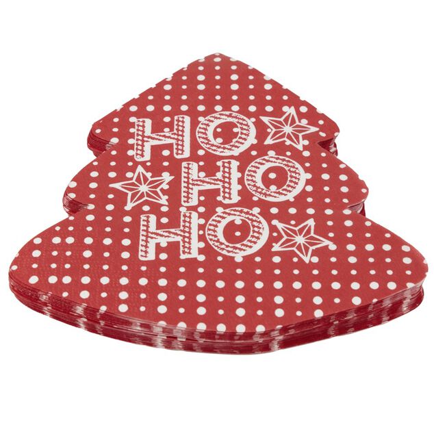 Serviette en papier X20 pcs forme sapin imprim&eacute; "HoHoHo" 16X16 cm rouge