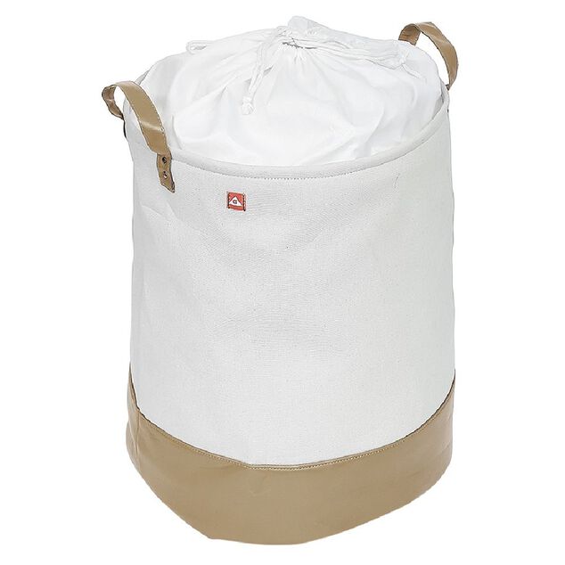 Panier &agrave; linge rond blanc et beige 56L
