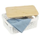 Pani&egrave;re de rangement blanche avec couvercle en bambou petit mod&egrave;le