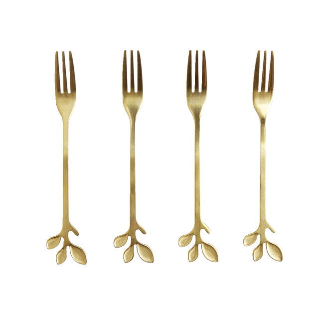 Fourchette &agrave; dessert x4 design feuille inox dor&eacute; L15cm