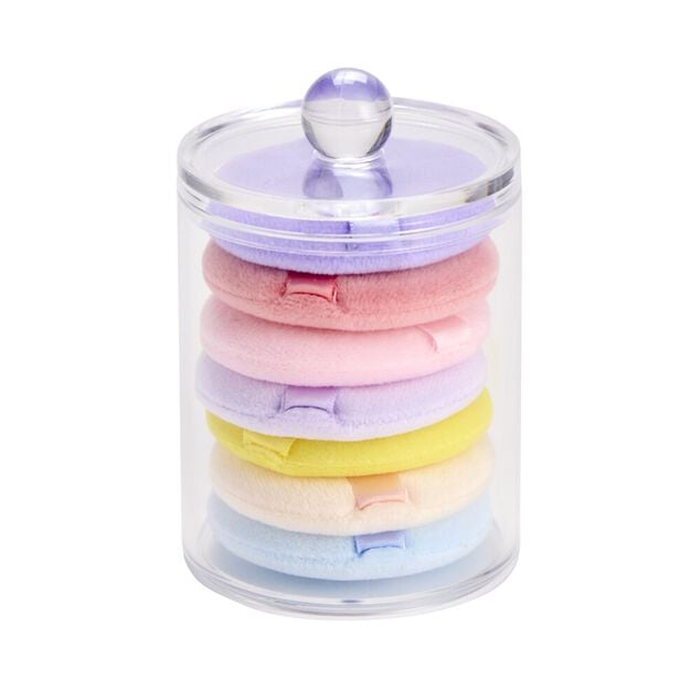 Bo&icirc;te rangement cosm&eacute;tique ronde avec 7 &eacute;ponges d&eacute;maquillantes multicolores &Oslash;7xH9cm