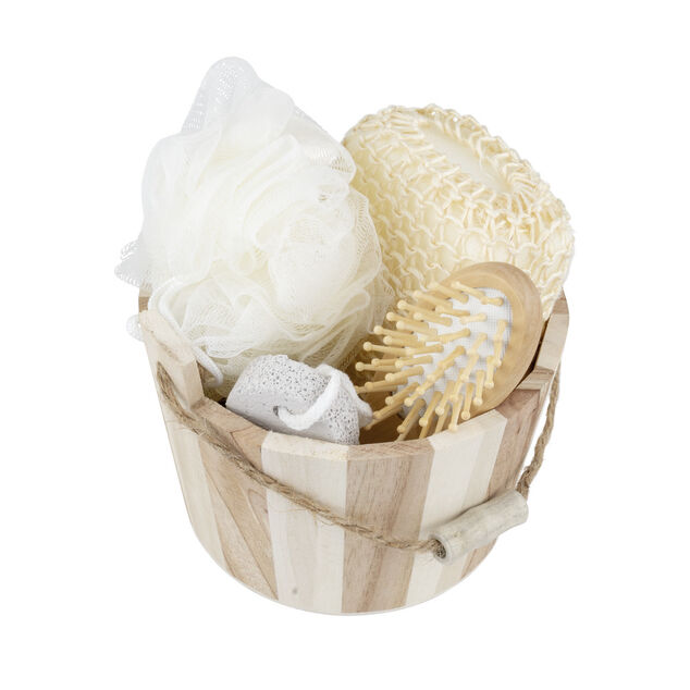 Set de bain 5 pi&egrave;ces seau/brosse/pierre/&eacute;ponge/fleur de douche