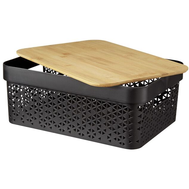 Pani&egrave;re noire avec couvercle bambou naturel H13,5 cm