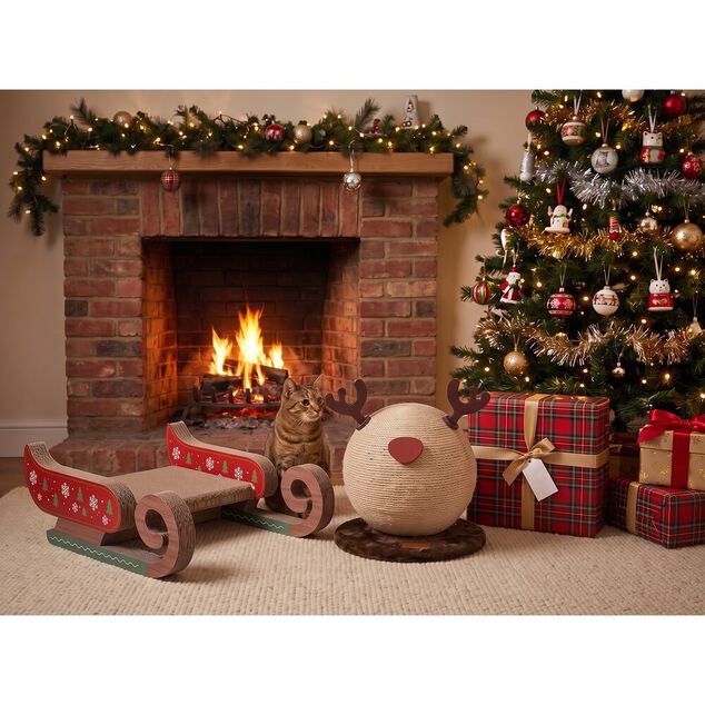 Grattoir pour chat forme tra&icirc;neau de No&euml;l papier L35X15XH42 cm