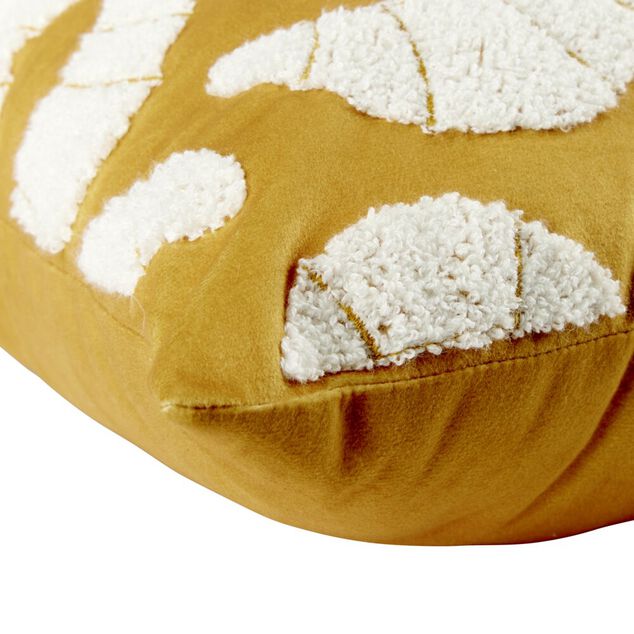 Coussin carr&eacute; jaune motif bouclette croissants blancs 40x40cm