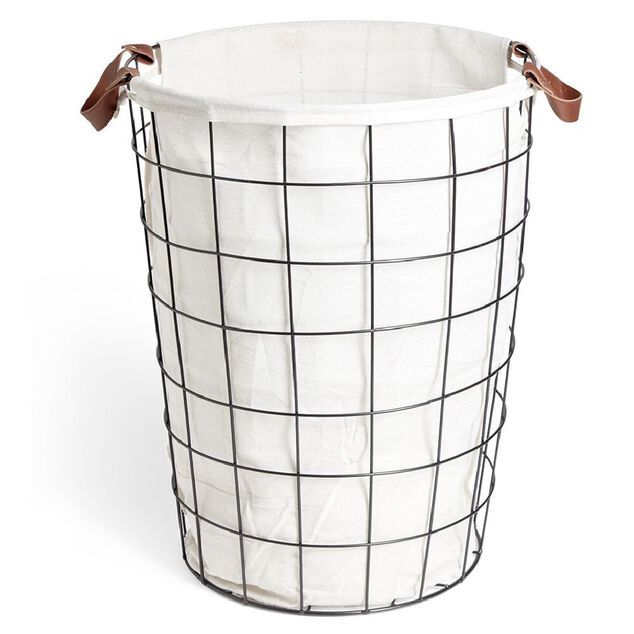 Panier &agrave; linge 48L m&eacute;tal noir et tissu blanc