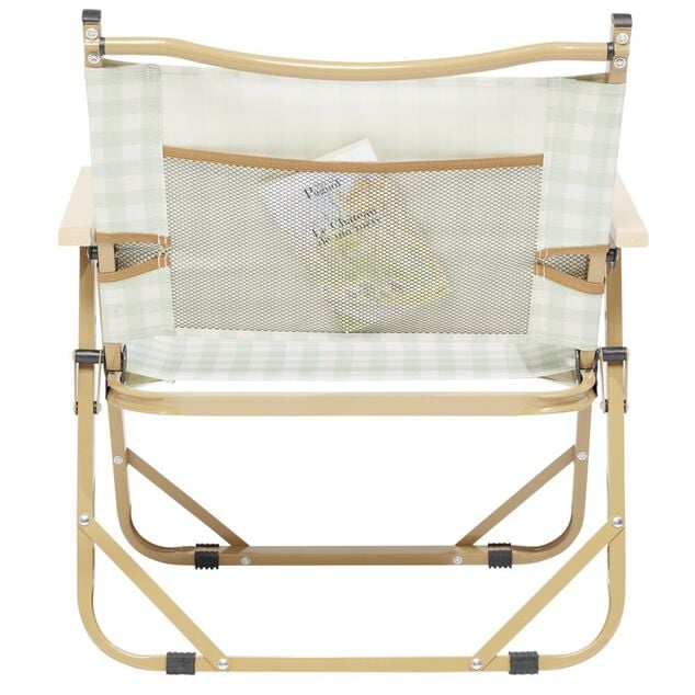 Chaise de camping pliable bambou et toile quadrill&eacute;e vert et blanc 54x38xH62cm