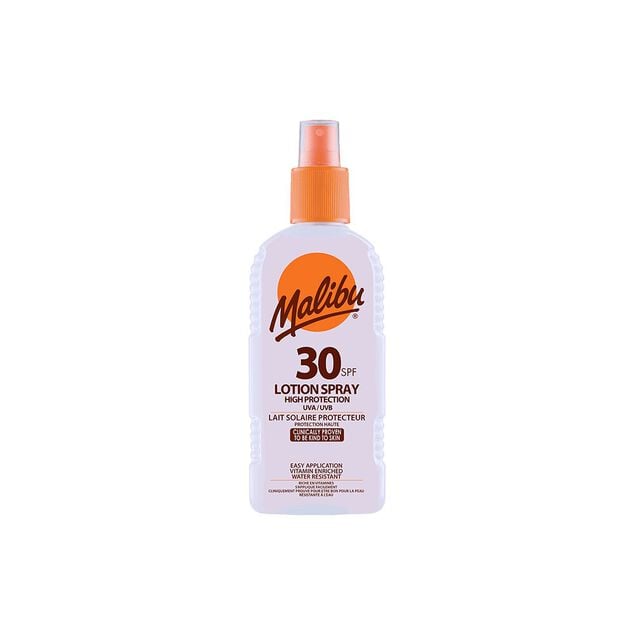 Cr&egrave;me solaire SPF30 haute protection Malibu lotion spray 200ml