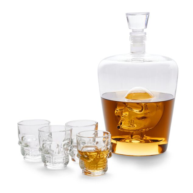 Coffret rhum carafe et verre x4 design t&ecirc;te de mort