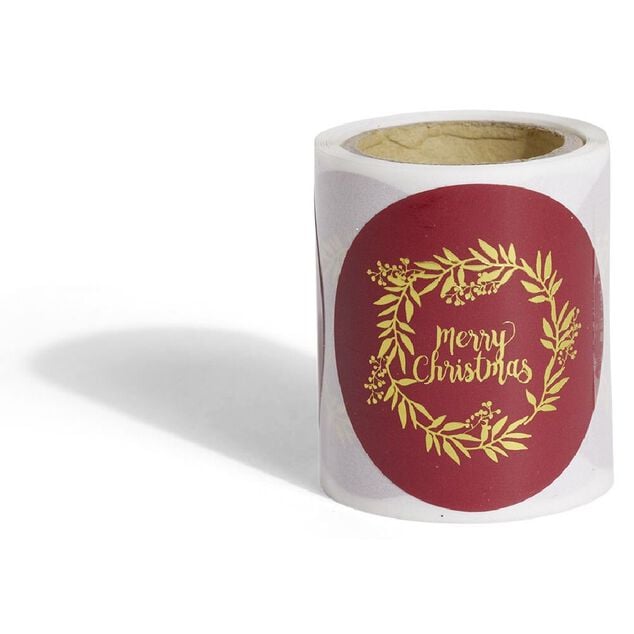 Rouleau &eacute;tiquette autocollante Merry Christmas couronne rouge et dor&eacute;e &Oslash;3cm x50