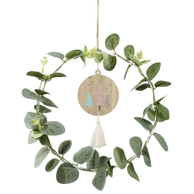 Couronne de Noël feuillage eucalyptus avec suspension bois et pompon Ø25cm